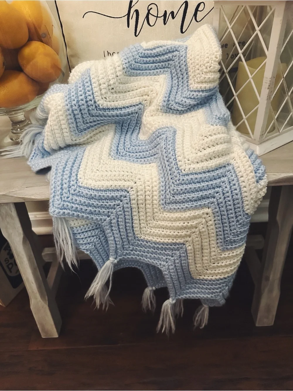 Handmade Blue and White Chevron Baby Crochet Throw -Bedding